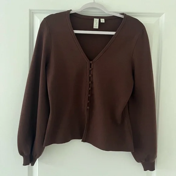 Joie Chocolate Brown Balloon Sleeve V-Neck Cardigan - Picture 1 of 6